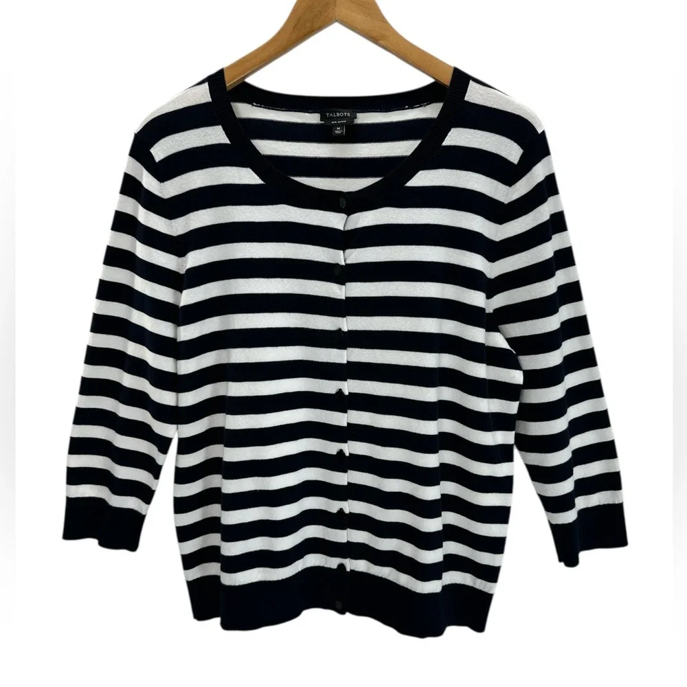 Talbots Nautical Navy White Stripe Cardigan Pima Cotton 3/4 Sleeve Classic Med